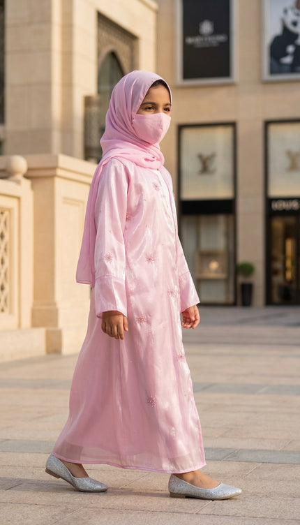Modest Luxury Front Open Jacket Abaya For Kids | Pink Shimmer