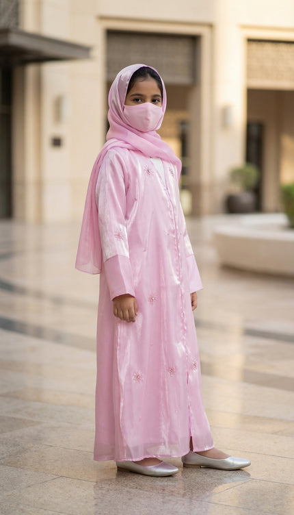 Modest Luxury Front Open Jacket Abaya For Kids | Pink Shimmer