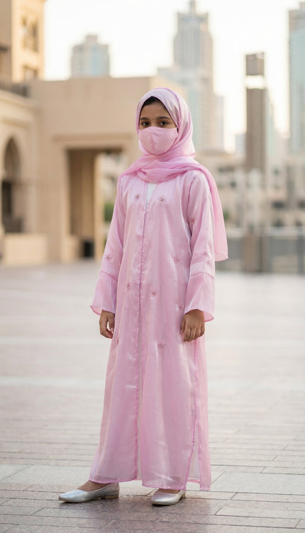 Modest Luxury Front Open Jacket Abaya For Kids | Pink Shimmer
