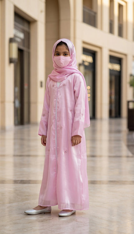 Modest Luxury Front Open Jacket Abaya For Kids | Pink Shimmer