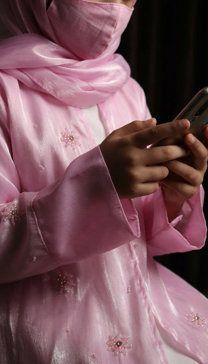 Modest Luxury Front Open Jacket Abaya For Kids | Pink Shimmer