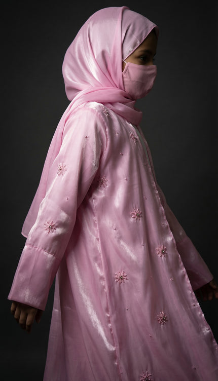 Modest Luxury Front Open Jacket Abaya For Kids | Pink Shimmer