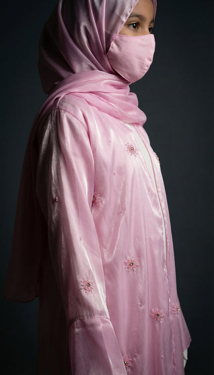 Modest Luxury Front Open Jacket Abaya For Kids | Pink Shimmer