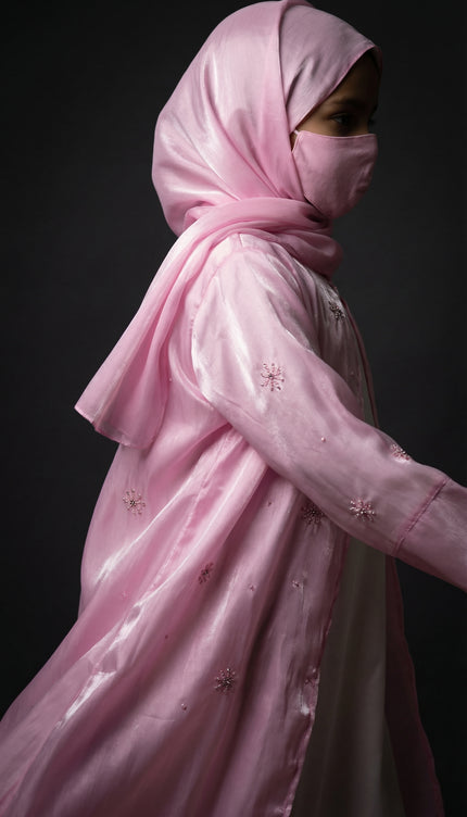 Modest Luxury Front Open Jacket Abaya For Kids | Pink Shimmer
