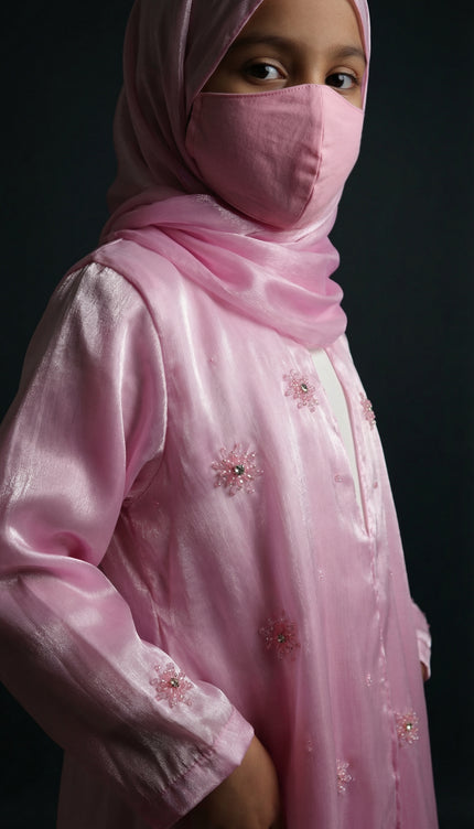 Modest Luxury Front Open Jacket Abaya For Kids | Pink Shimmer