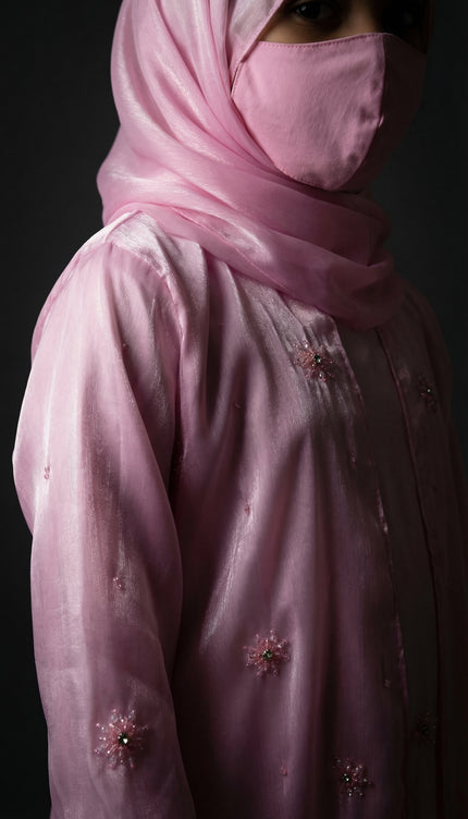 Modest Luxury Front Open Jacket Abaya For Kids | Pink Shimmer