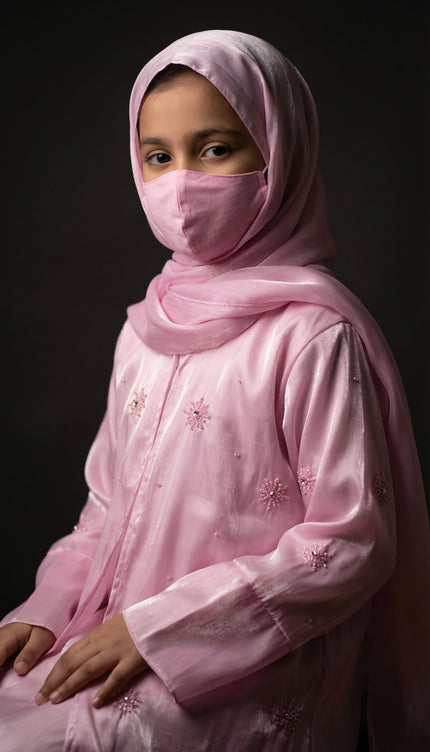 Modest Luxury Front Open Jacket Abaya For Kids | Pink Shimmer