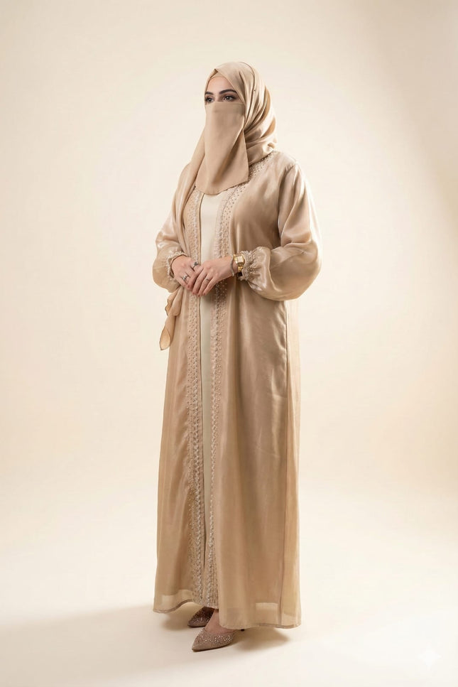 Luxury Jacket Abaya in Armani Satin & Viscose Organza | Elegant Stone Work Modest Wear