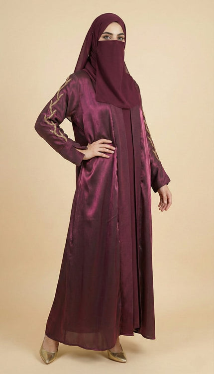Luxury Maroon Shimmer Semi Jacket Abaya  | Hand-Embroidered Stone Chain & Cutdhana Sleeves