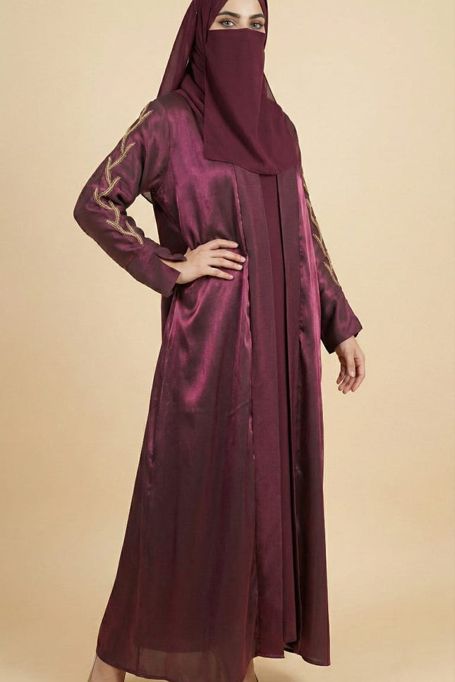 Luxury Maroon Shimmer Semi Jacket Abaya Mother & Daughter Set | Hand-Embroidered Stone Chain & Cutdhana Sleeves