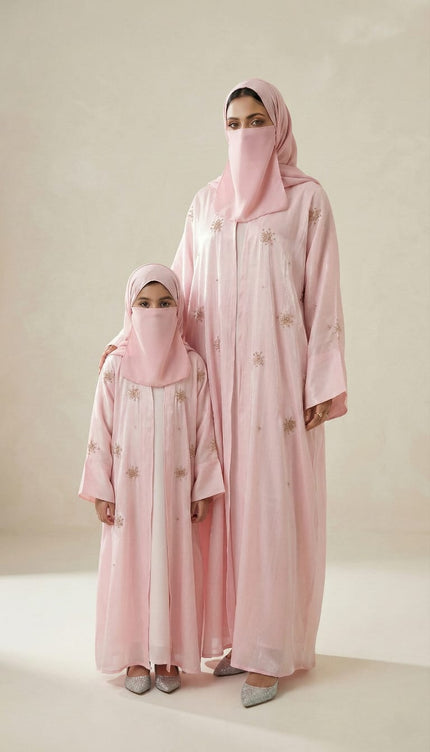 Blush Pink Luxury Mother-Daughter Abaya Set | Qatari Nida Festive Collection with Gold Stone Work