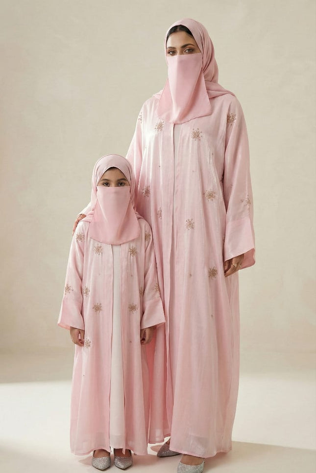 Blush Pink Luxury Mother-Daughter Abaya Set | Qatari Nida Festive Collection with Gold Stone Work