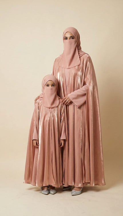 Rose Gold Farasha Mother & Daughter Matching Abaya Set | Luxury Shimmer Nida & Fendi Organza | Eid & Wedding Wear