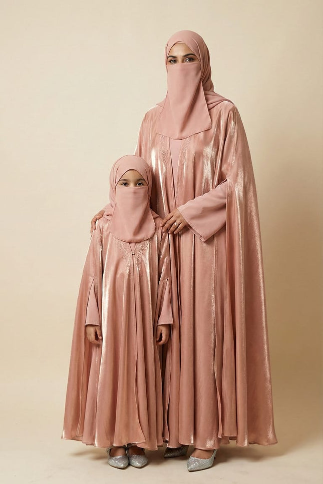 Luxury Mother-Daughter Mocha Brown Abaya Set - Farasha Jacket Style with Nida & Organza | Festive & Wedding Modest Wear