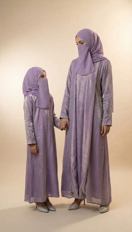 Luxury Lavender Shimmer Semi Jacket Abaya Mother & Daughter Set