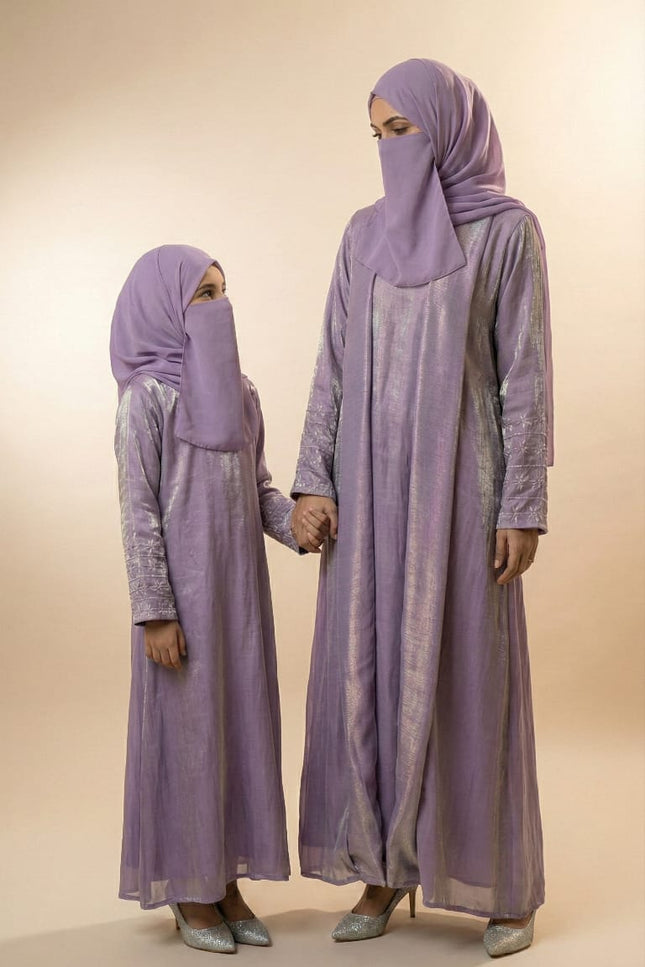 Luxury Lavender Shimmer Semi Jacket Abaya Mother & Daughter Set