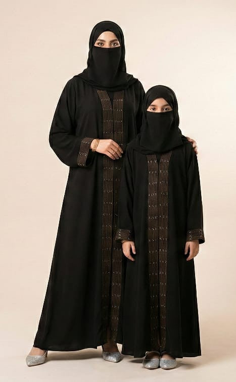 Black Semi-Jacket Abaya Set Placket Embroidery & Stick Stone Detail Mother & Daughter combo
