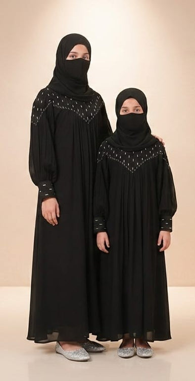 Black Korean Nida Princess Style Abaya Mother & Daughter Set