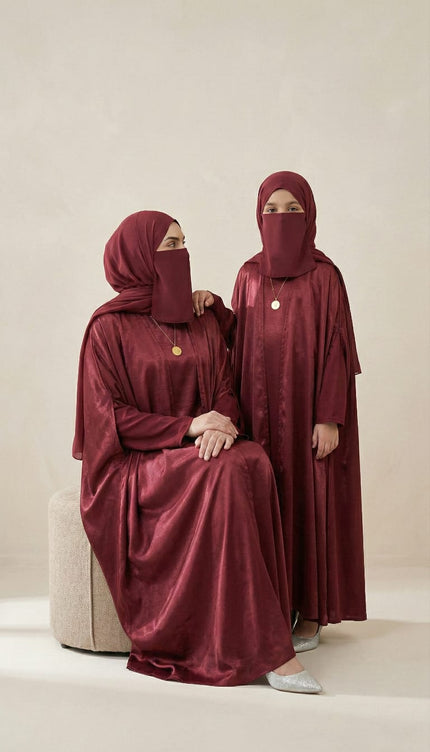 Maroon Mother & Daughter Matching Abaya Set | Luxury Shimmer Nida Combo