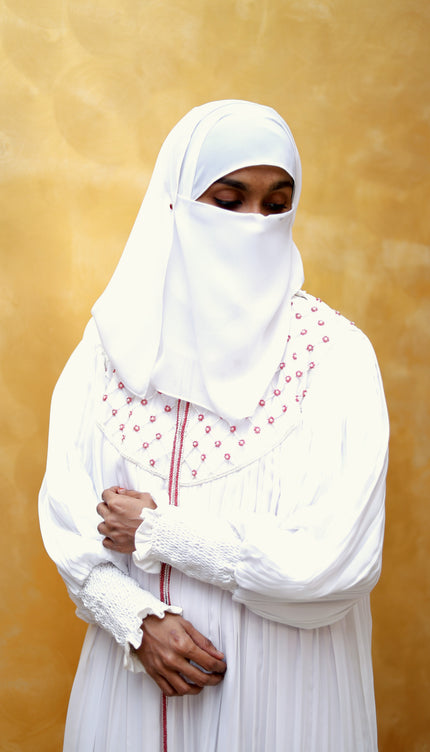 White Ruffle-Slit Neck Abaya with Full Back Handwork