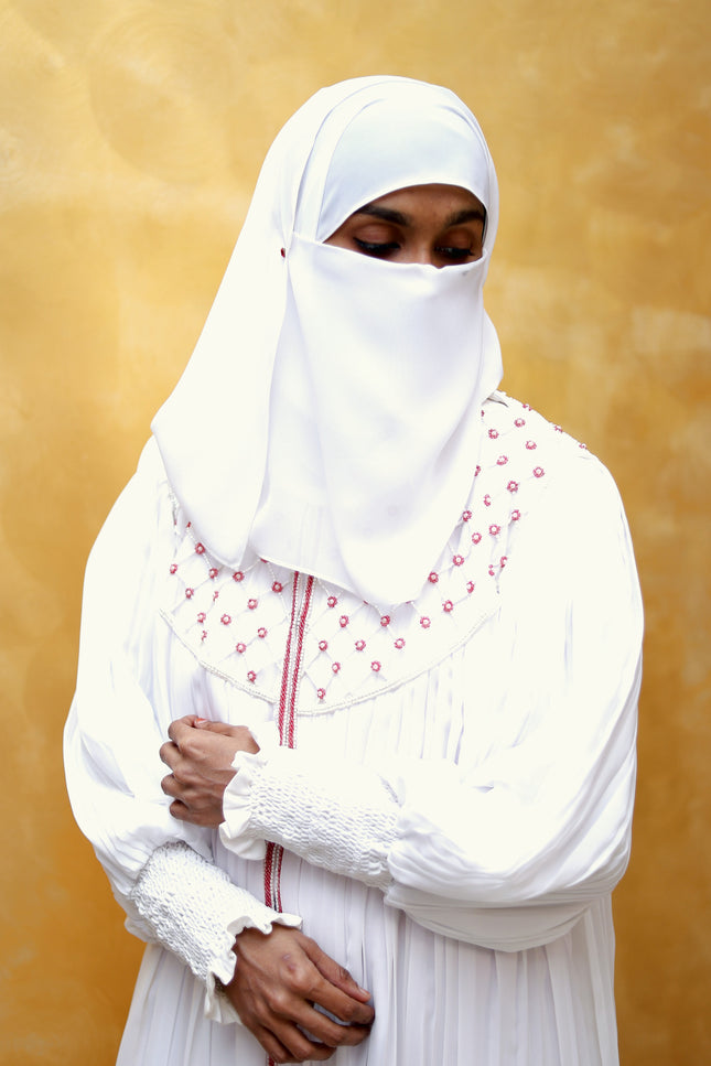 White Ruffle-Slit Neck Abaya with Full Back Handwork