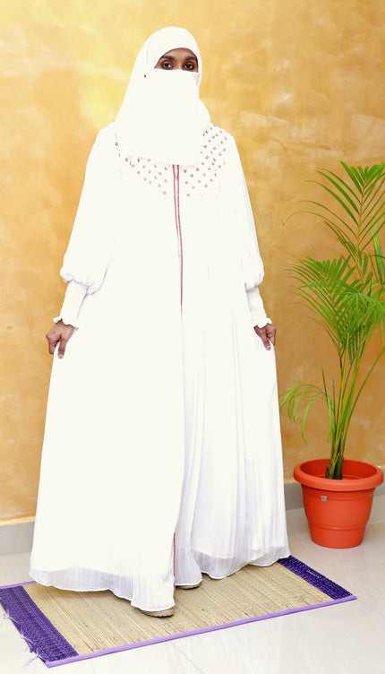 White Ruffle-Slit Neck Abaya with Full Back Handwork