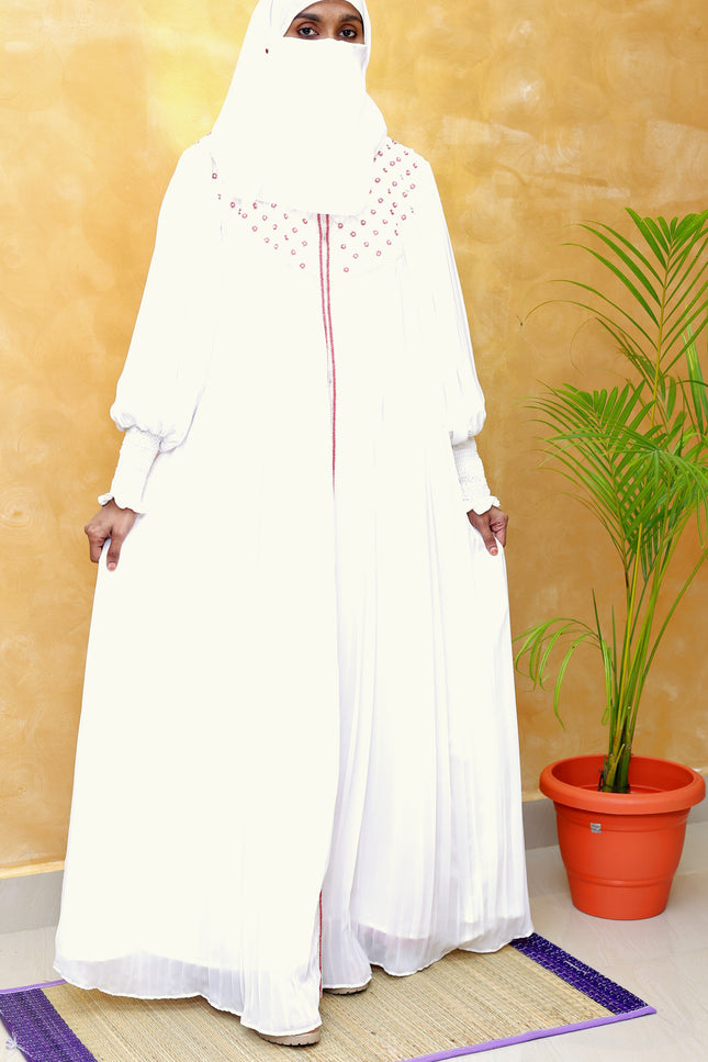 White Ruffle-Slit Neck Abaya with Full Back Handwork