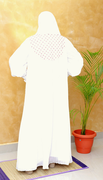 White Ruffle-Slit Neck Abaya with Full Back Handwork