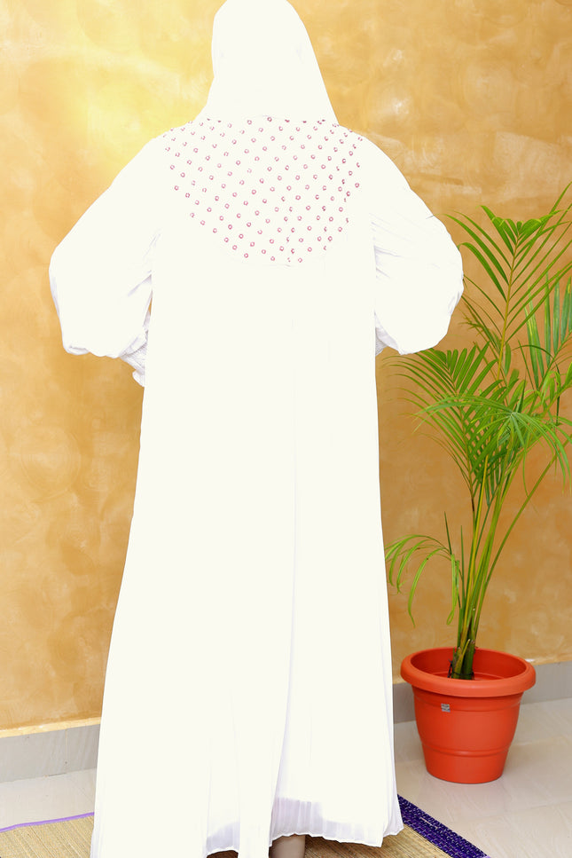 White Ruffle-Slit Neck Abaya with Full Back Handwork