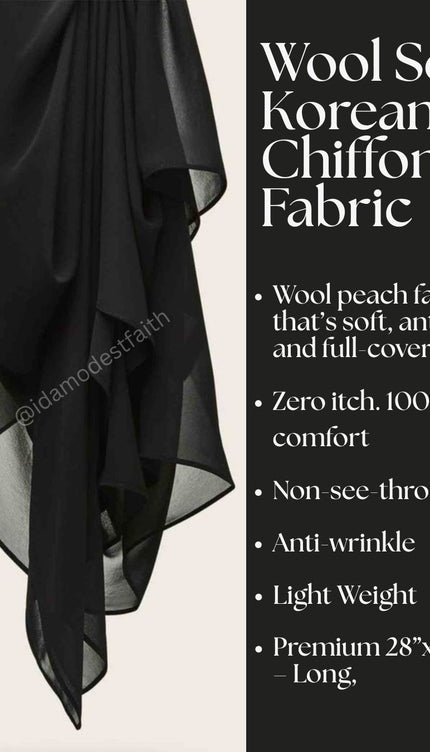 Black Plain Hijab - Wool Soft Korean Chiffon Fabric