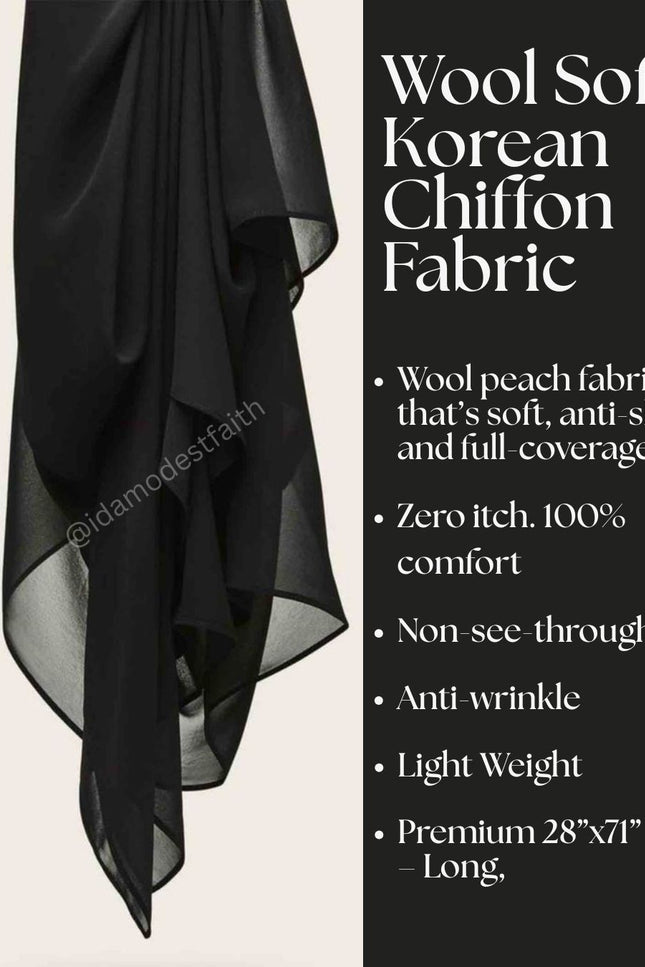Black Plain Hijab - Wool Soft Korean Chiffon Fabric