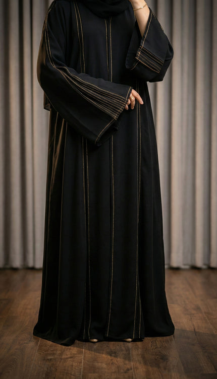 The Noir Gilded Linear Abaya – Premium Korean Nida with Pintuck Artistry