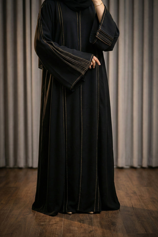 The Noir Gilded Linear Abaya – Premium Korean Nida with Pintuck Artistry