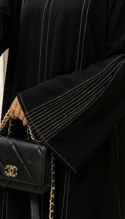 The Noir Gilded Linear Abaya – Premium Korean Nida with Pintuck Artistry