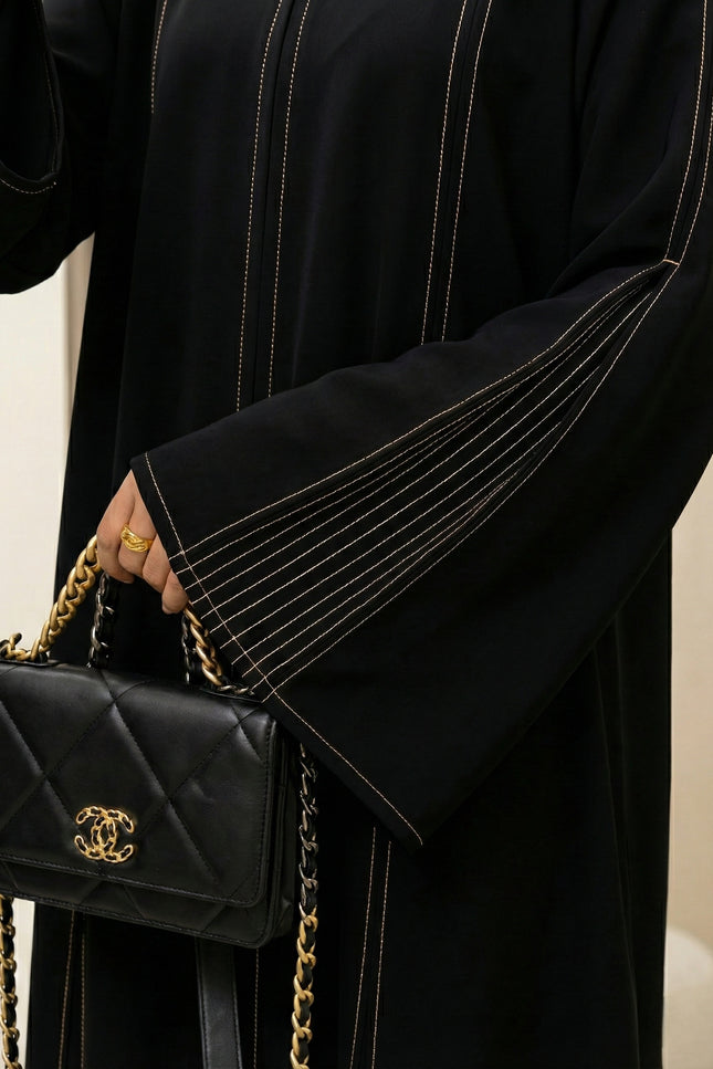 The Noir Gilded Linear Abaya – Premium Korean Nida with Pintuck Artistry
