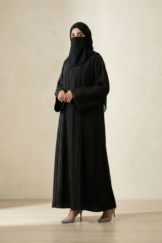 The Noir Gilded Linear Abaya – Premium Korean Nida with Pintuck Artistry