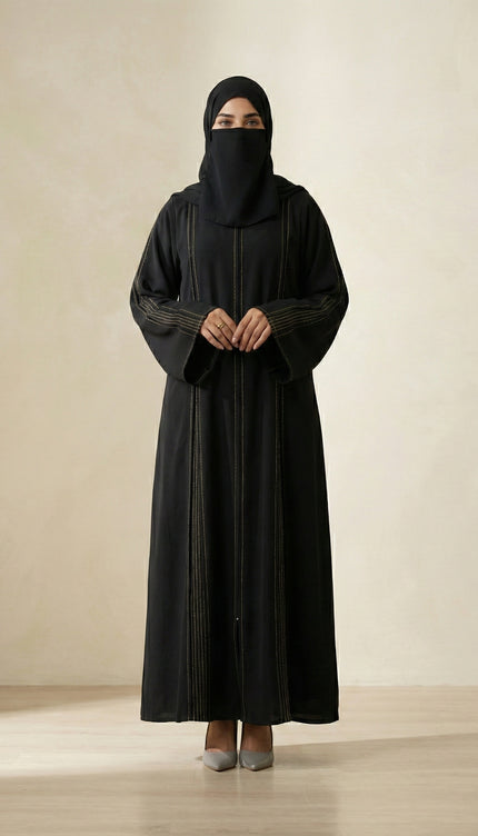 The Noir Gilded Linear Abaya – Premium Korean Nida with Pintuck Artistry