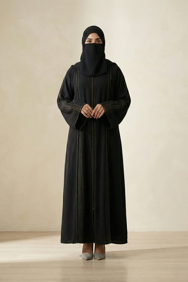 The Noir Gilded Linear Abaya – Premium Korean Nida with Pintuck Artistry