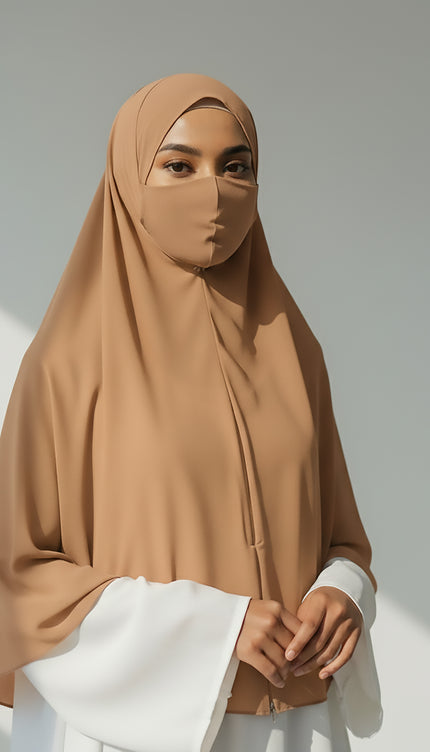 Rich Elegance –  Coffee Brown Instant Hijab with Zip Closure | Dual-Layer Imported Korean Chiffon | Flowy & Feminine | Malaysian Hijab
