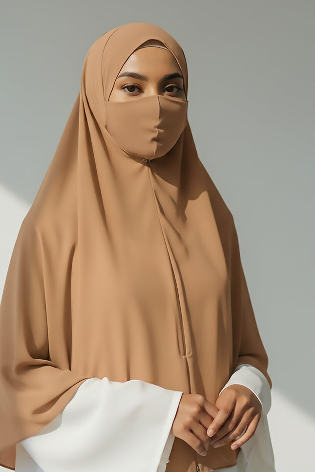 Rich Elegance –  Coffee Brown Instant Hijab with Zip Closure | Dual-Layer Imported Korean Chiffon | Flowy & Feminine | Malaysian Hijab