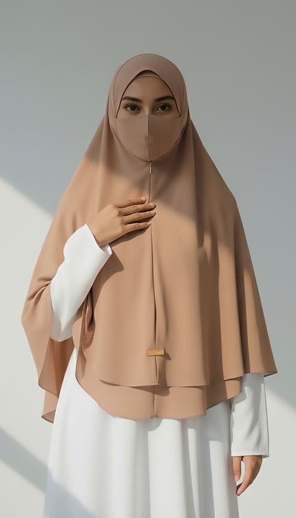 Rich Elegance –  Coffee Brown Instant Hijab with Zip Closure | Dual-Layer Imported Korean Chiffon | Flowy & Feminine | Malaysian Hijab