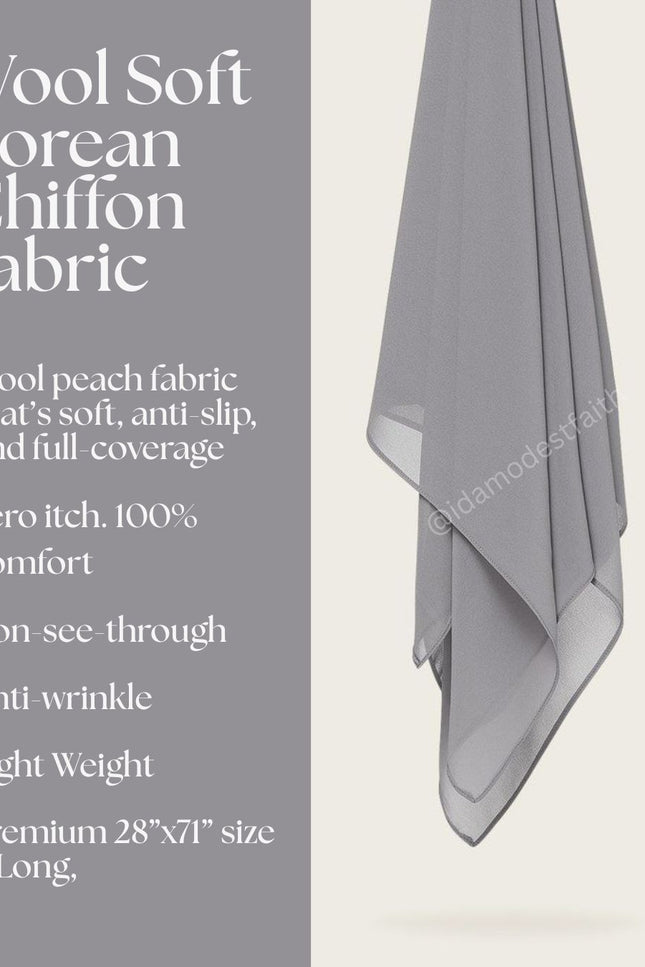 Grey Plain Hijab - Wool Soft Korean Chiffon Fabric