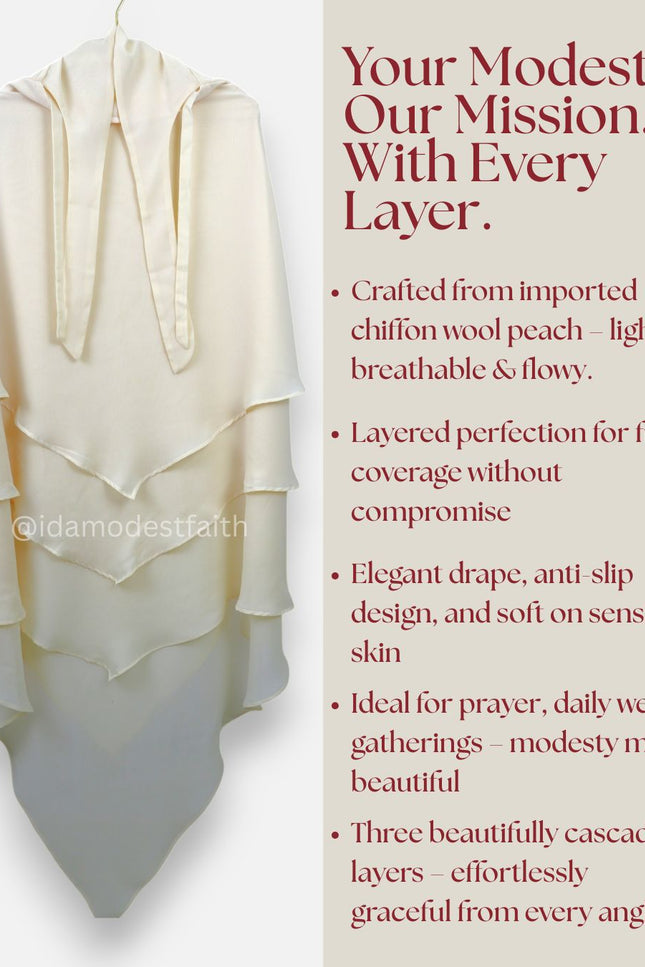 Beige Triple‑Layer Wool‑Soft Chiffon Khimar
