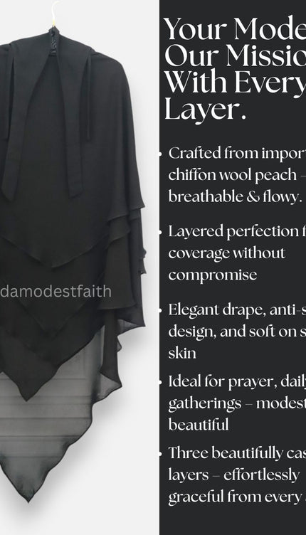 Black Triple‑Layer Wool‑Soft Korean Chiffon Khimar