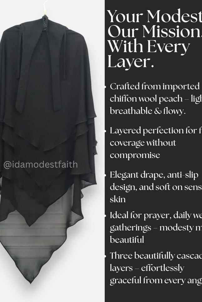 Black Triple‑Layer Wool‑Soft Korean Chiffon Khimar