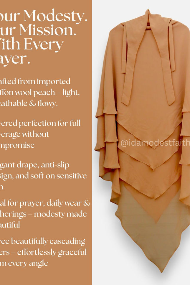 Coffee Brown Triple‑Layer Wool‑Soft Chiffon Khimar