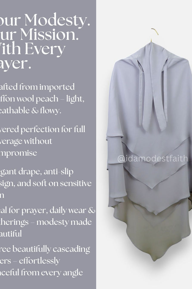 Gray Triple‑Layer Wool‑Soft Chiffon Khimar