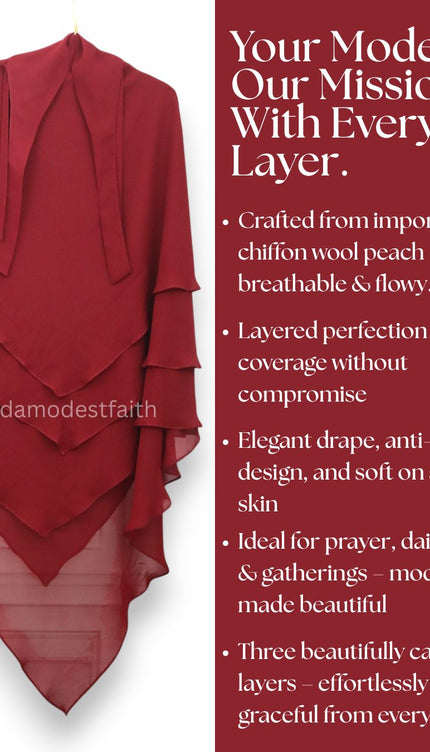 Maroon Triple‑Layer Wool‑Soft Chiffon Khimar