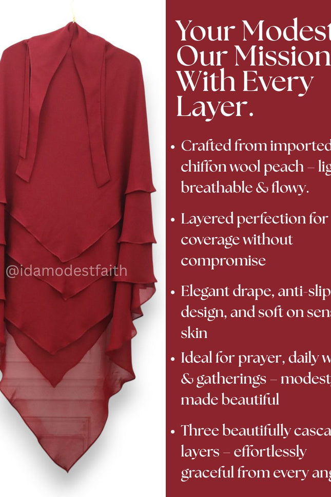 Maroon Triple‑Layer Wool‑Soft Chiffon Khimar