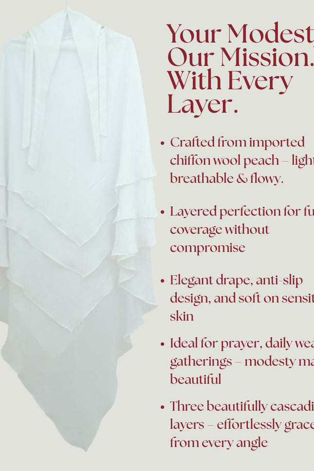 White Triple‑Layer Wool‑Soft Korean Chiffon Khimar